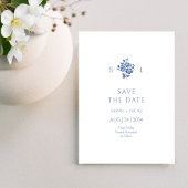 Blauw & Wit Bloemen Monogrammed Wedding Flat Save The Date