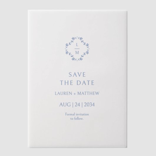 Blauw & Wit Bloemen Monogrammed Wedding Flat Vellum Uitnodigingen (Voorkant)