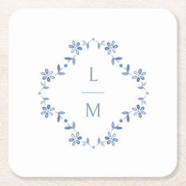 Blauw & Wit Bloemen Monogrammed Wedding Kartonnen Onderzetters