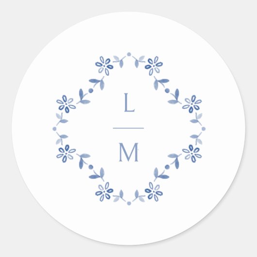 Blauw & Wit Bloemen Monogrammed Wedding Ronde Sticker (Voorkant)