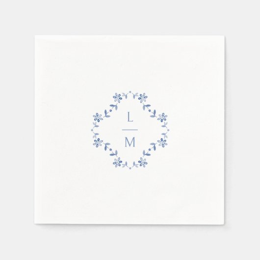 Blauw & Wit Bloemen Monogrammed Wedding Servet (Voorkant)