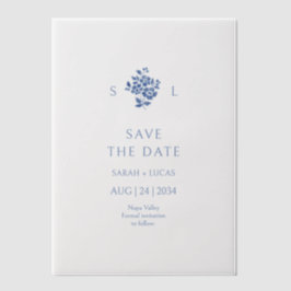 Blauw & Wit Bloemen Monogrammed Wedding Vellum Uitnodigingen