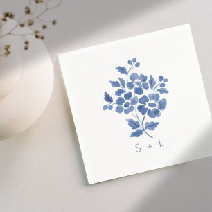 Blauw & Wit Bloemen Paar Initialen bruiloft Servet