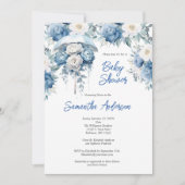 Blauw Wit Bloemen Paraplu Boy Baby shower Kaart (Voorkant)