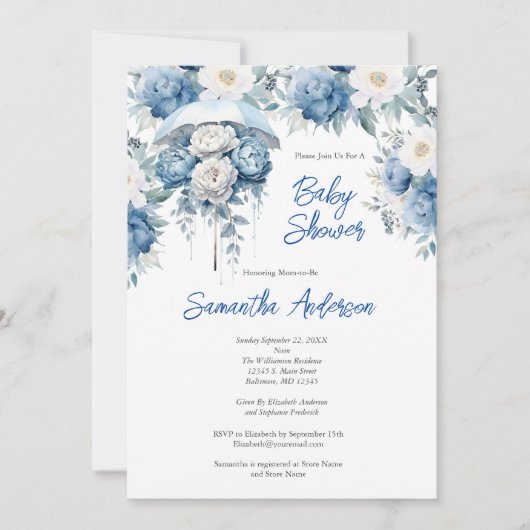 Blauw Wit Bloemen Paraplu Boy Baby shower Kaart (Voorkant)