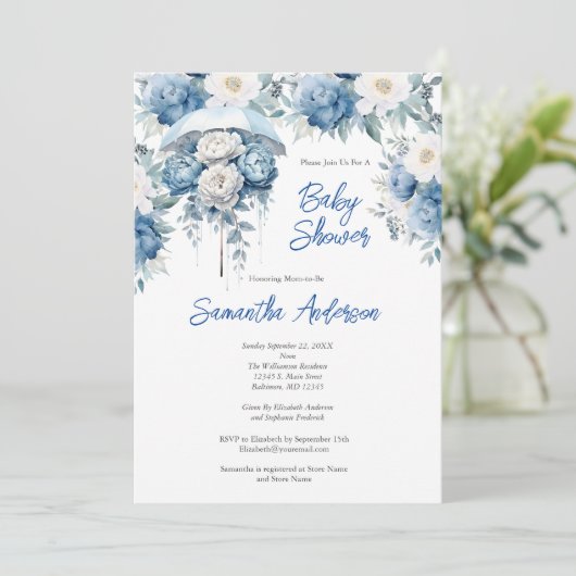 Blauw Wit Bloemen Paraplu Boy Baby shower Kaart (Staand voorkant)