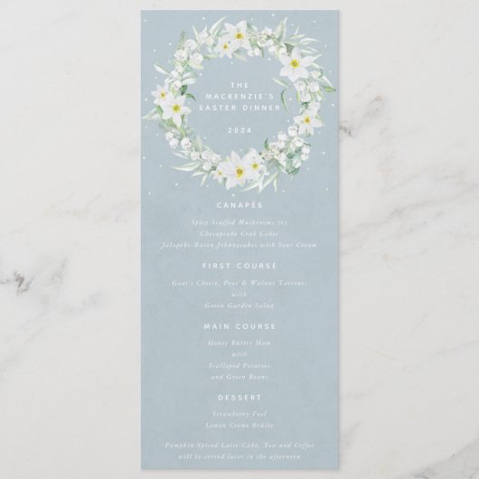 Blauw Wit Bloemen Pasen krans Flat 4 gangen Menu (Voorkant)