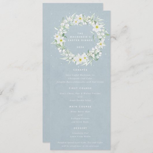 Blauw Wit Bloemen Pasen krans Flat 4 gangen Menu (Voorkant / Achterkant)