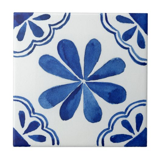 Blauw & Wit Bloemen Patroon Mediterraan Tegeltje (Voorkant)