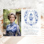 Blauw Wit Bloemen Porselein 50e Verjaardag Foto Kaart<br><div class="desc">Een mooi chinoiserie-geïnspireerd design met elegant blauw en witte porseleinen gember pot en een klastig kreeft</div>