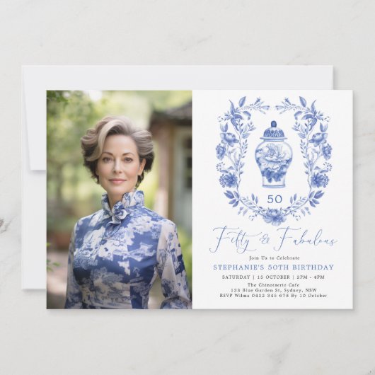 Blauw Wit Bloemen Porselein 50e Verjaardag Foto Kaart (Voorkant)