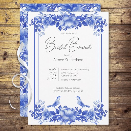 Blauw & Wit Bloemen Porselein Bridal Brunch Kaart