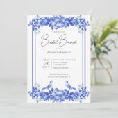 Blauw & Wit Bloemen Porselein Bridal Brunch Kaart (Staand voorkant)