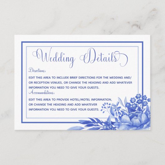 Blauw & Wit Bloemen Porselein Bruiloft Details Informatiekaartje (Voorkant)