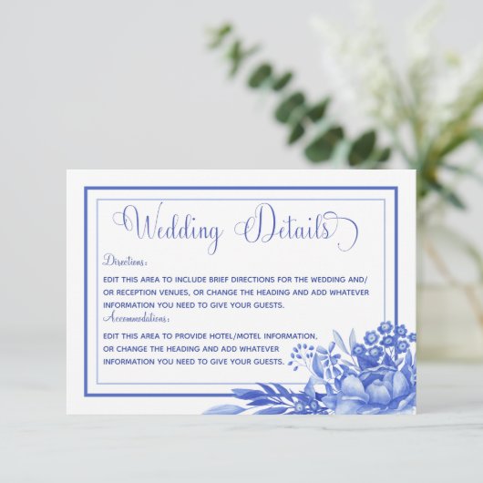 Blauw & Wit Bloemen Porselein Bruiloft Details Informatiekaartje (Staand voorkant)