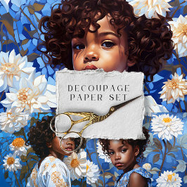 Blauw & Wit Bloemen Portret Decoupage Papieren Set Inpakpapier Vel