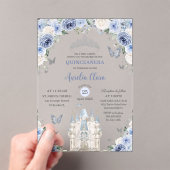 Blauw Wit Bloemen Prinses Kasteel Quinceañera XV Acryl Uitnodigingen (Insitu (Draagbaar))