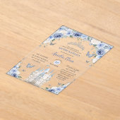 Blauw Wit Bloemen Prinses Kasteel Quinceañera XV Acryl Uitnodigingen (Laagn)