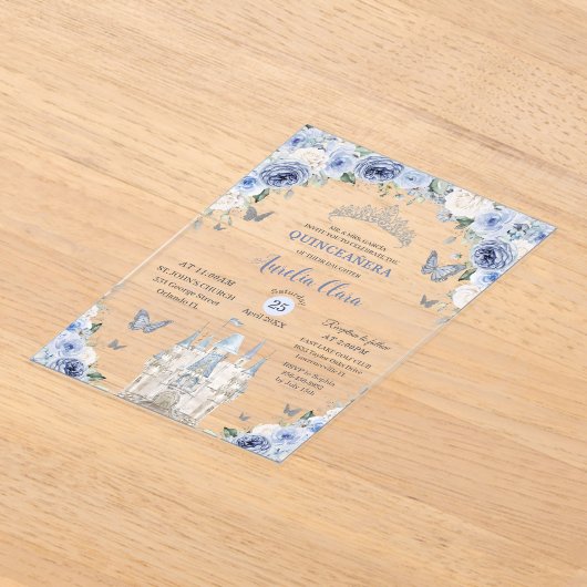 Blauw Wit Bloemen Prinses Kasteel Quinceañera XV Acryl Uitnodigingen (Laagn)