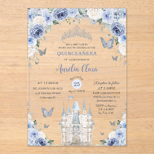 Blauw Wit Bloemen Prinses Kasteel Quinceañera XV Acryl Uitnodigingen
