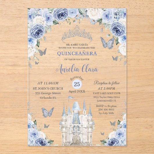 Blauw Wit Bloemen Prinses Kasteel Quinceañera XV Acryl Uitnodigingen (Voorkant)
