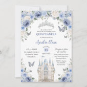 Blauw Wit Bloemen Prinses Kasteel Quinceañera XV Kaart (Voorkant)