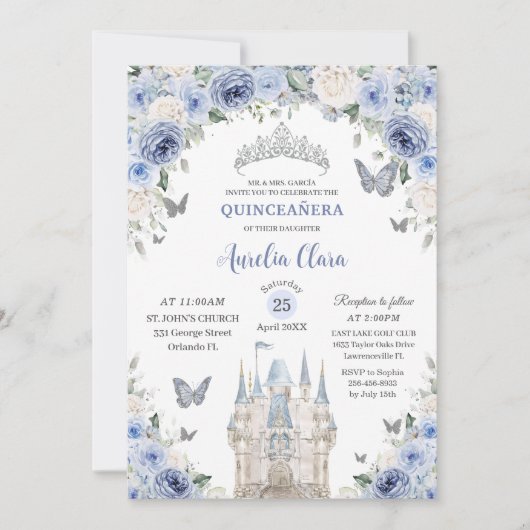 Blauw Wit Bloemen Prinses Kasteel Quinceañera XV Kaart (Voorkant)
