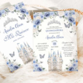 Blauw Wit Bloemen Prinses Kasteel Quinceañera XV Kaart