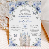 Blauw Wit Bloemen Prinses Kasteel Quinceañera XV Kaart