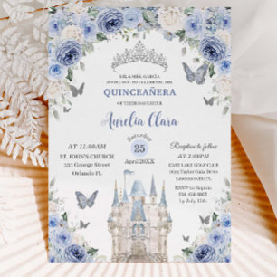 Blauw Wit Bloemen Prinses Kasteel Quinceañera XV Kaart