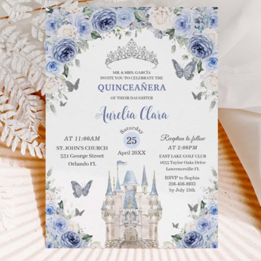 Blauw Wit Bloemen Prinses Kasteel Quinceañera XV Kaart