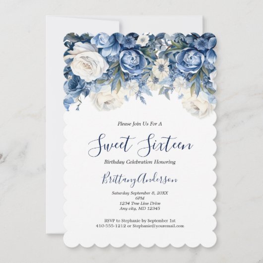 Blauw Wit Bloemen Sweet Sixteen 16 Verjaardag Kaart (Voorkant)