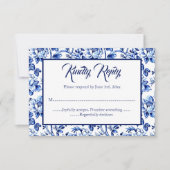 Blauw & Wit Bloemen Toile Bruiloft RSVP kaart (Voorkant)
