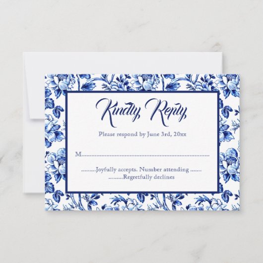 Blauw & Wit Bloemen Toile Bruiloft RSVP kaart (Voorkant)