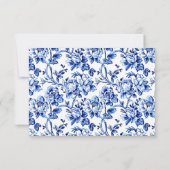 Blauw & Wit Bloemen Toile Bruiloft RSVP kaart (Achterkant)