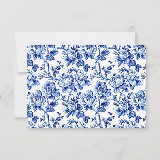 Blauw & Wit Bloemen Toile Bruiloft RSVP kaart (Achterkant)