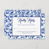 Blauw & Wit Bloemen Toile Bruiloft RSVP kaart (Voorkant / Achterkant)