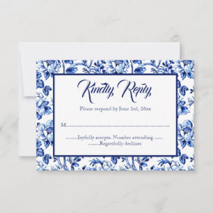 Blauw & Wit Bloemen Toile Bruiloft RSVP kaart