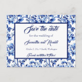 Blauw & Wit Bloemen Toile Bruiloft Save the date Aankondigingskaart