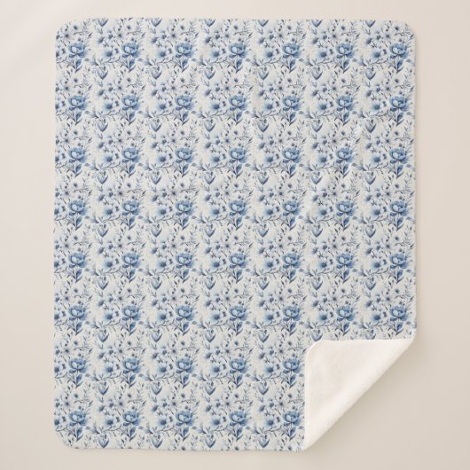 Blauw Wit Bloemen Toile Chinoiserie Waterverf Sherpa Deken (Voorkant)