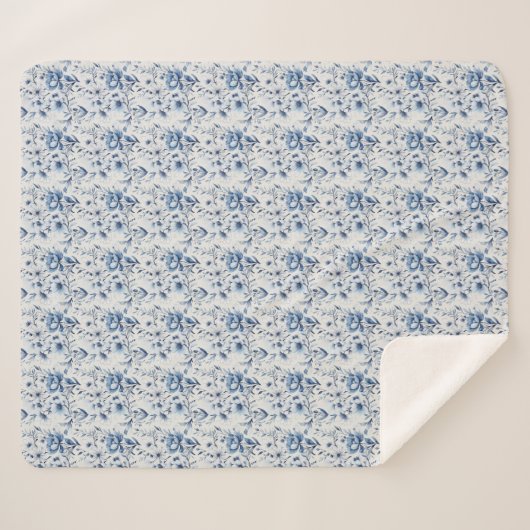 Blauw Wit Bloemen Toile Chinoiserie Waterverf Sherpa Deken (Voorkant (horizontaal))