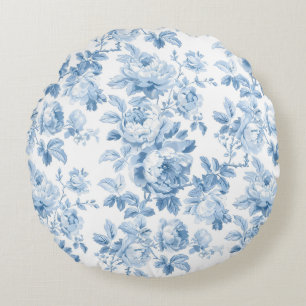 Blauw & Wit Bloemen Toile Rond Kussen