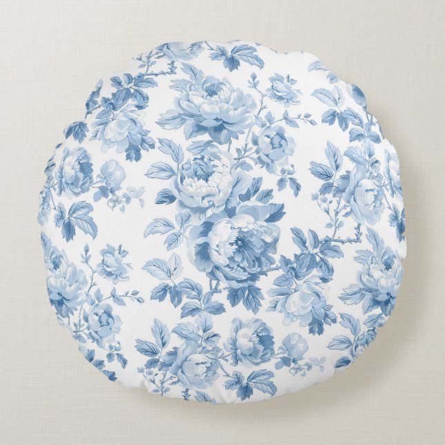 Blauw & Wit Bloemen Toile Rond Kussen (Voorkant)