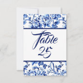 Blauw & Wit Bloemen Toile Tafel Nummer Kaart (Voorkant)