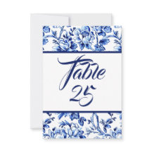 Blauw & Wit Bloemen Toile Tafel Nummer Kaart