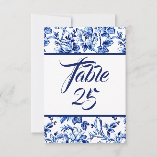 Blauw & Wit Bloemen Toile Tafel Nummer Kaart (Voorkant)