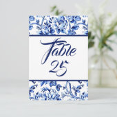 Blauw & Wit Bloemen Toile Tafel Nummer Kaart (Staand voorkant)