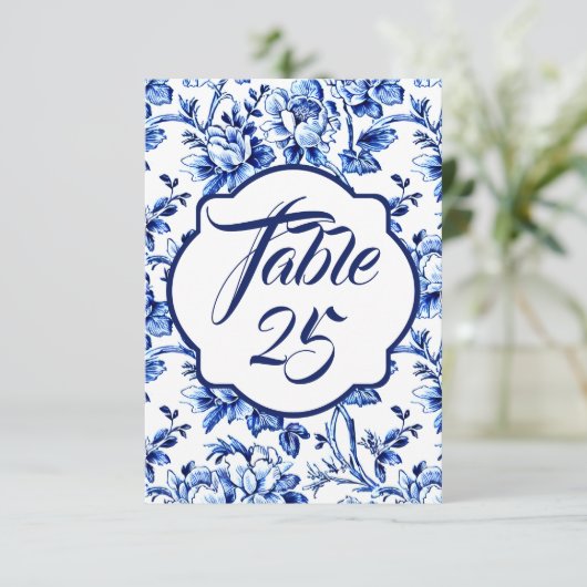 Blauw Wit Bloemen Toile Trouwtafel Nummer Kaart (Staand voorkant)