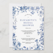 Blauw Wit Bloemen Toile Waterverf Vrijgezellenfees Kaart (Voorkant)