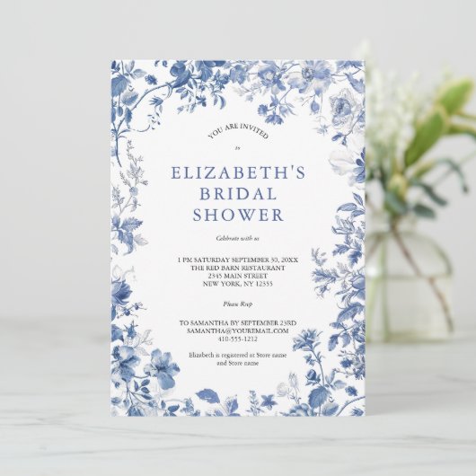 Blauw Wit Bloemen Toile Waterverf Vrijgezellenfees Kaart (Staand voorkant)